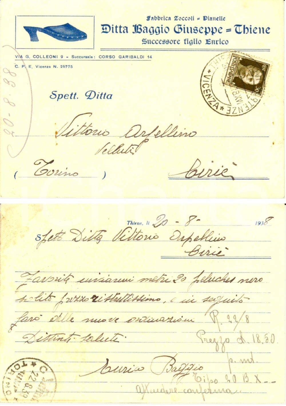 Cartolina originale da collezione 1938 THIENE (VI) Ditta Giuseppe BAGGIO a ditta Vittorio ORPELLINO *Autografo FG 1