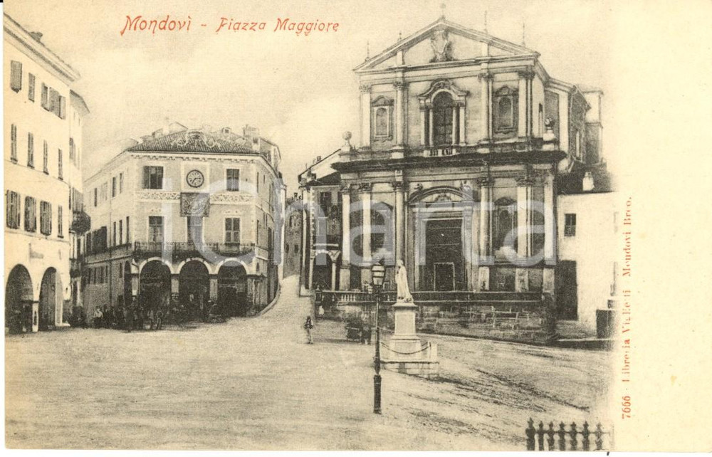 Cartolina originale da collezione 1910 ca MONDOVI' (CN) Piazza MAGGIORE con chiesa San FRANCESCO SAVERIO *ANIMATA 1