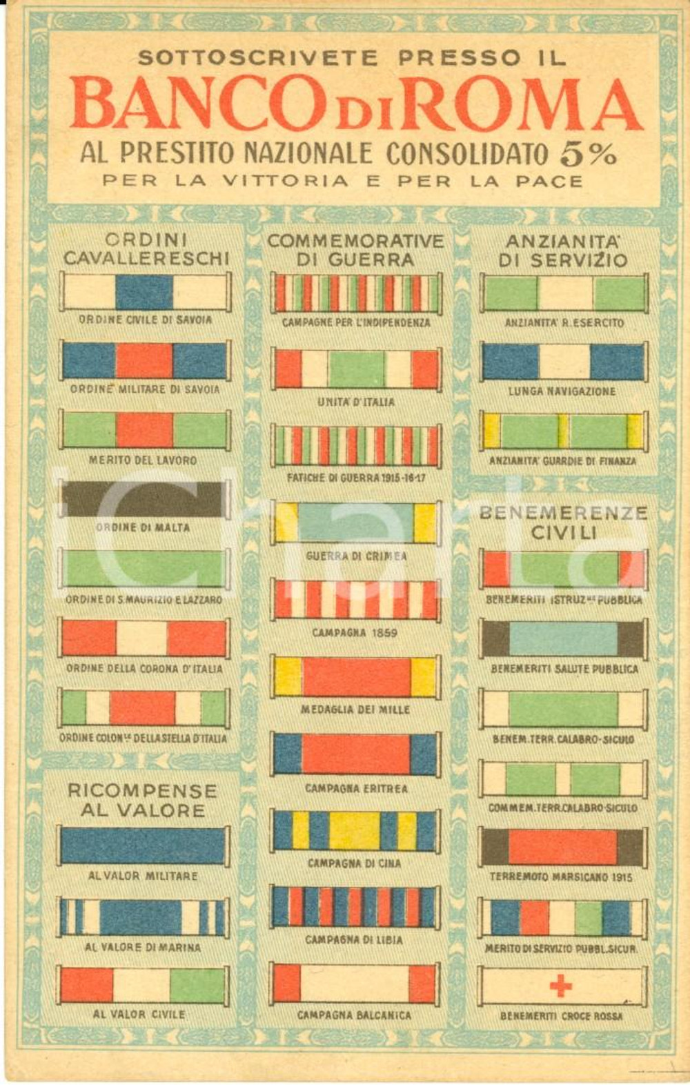 Cartolina originale da collezione 1918 ca Lista onorificenze italiane *Cartolina prestito nazionale BANCO ROMA 1