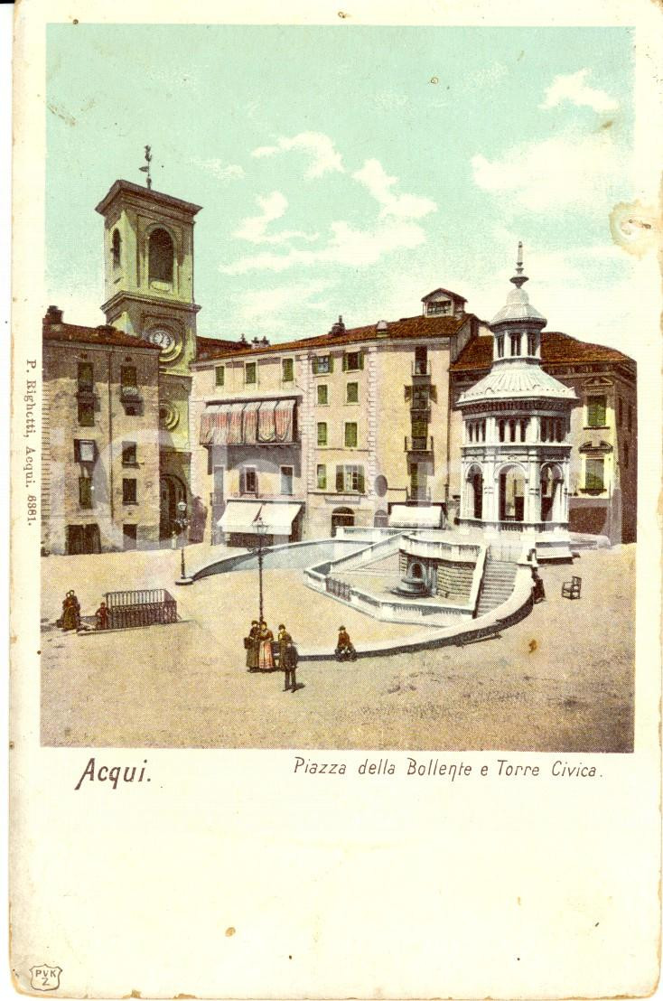 Cartolina originale da collezione 1900 ca ACQUI TERME AL Piazza della BOLLENTE con Torre civica ANIMATA FP NV 1