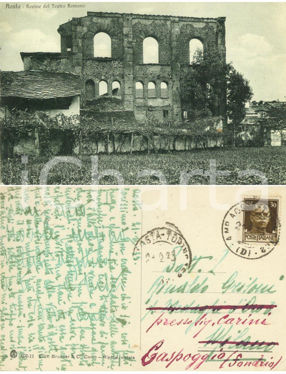Cartolina originale da collezione 1933 AOSTA Rovine del teatro romano Cartolina a Rinaldo GRISONI FP VG 1