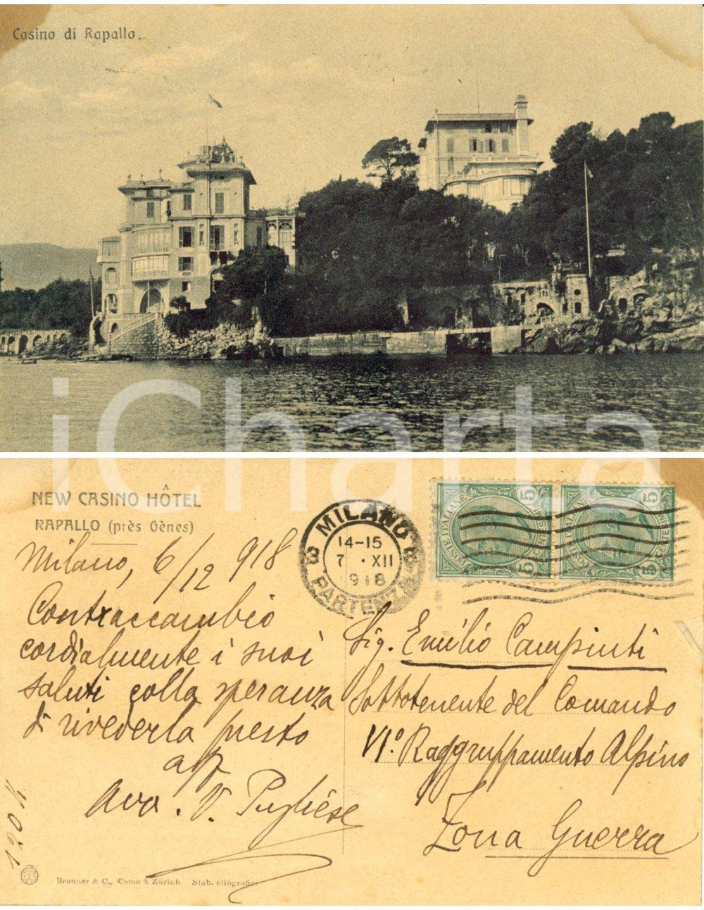 Cartolina originale da collezione 1918 RAPALLO GE New Casino Hotel Cartolina avv. Vittorio PUGLIESE FP VG 1