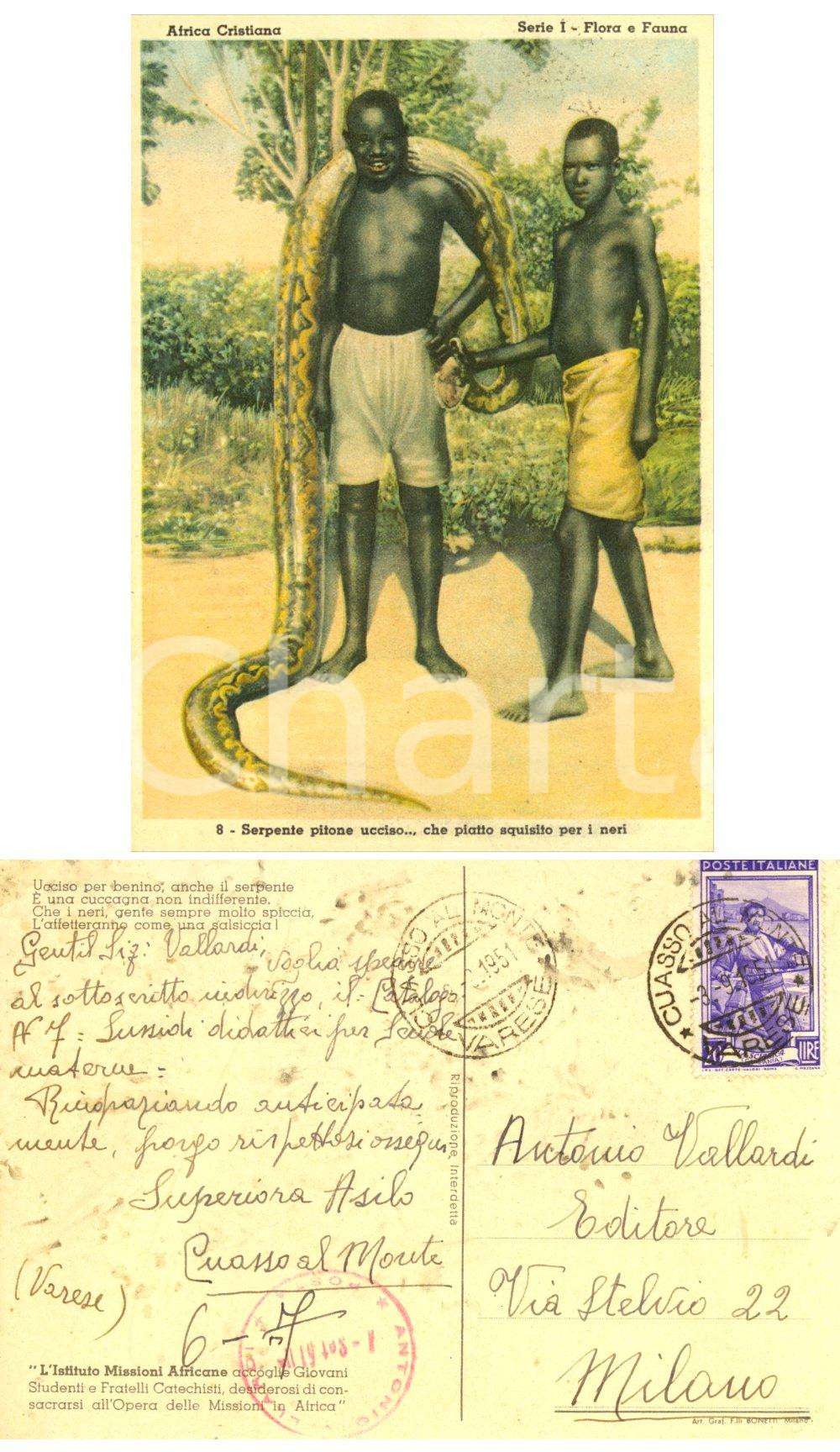 Cartolina originale da collezione 1951 AFRICA CRISTIANA Pitone piatto per i neri Cartolina suore CUASSO AL MONTE 1