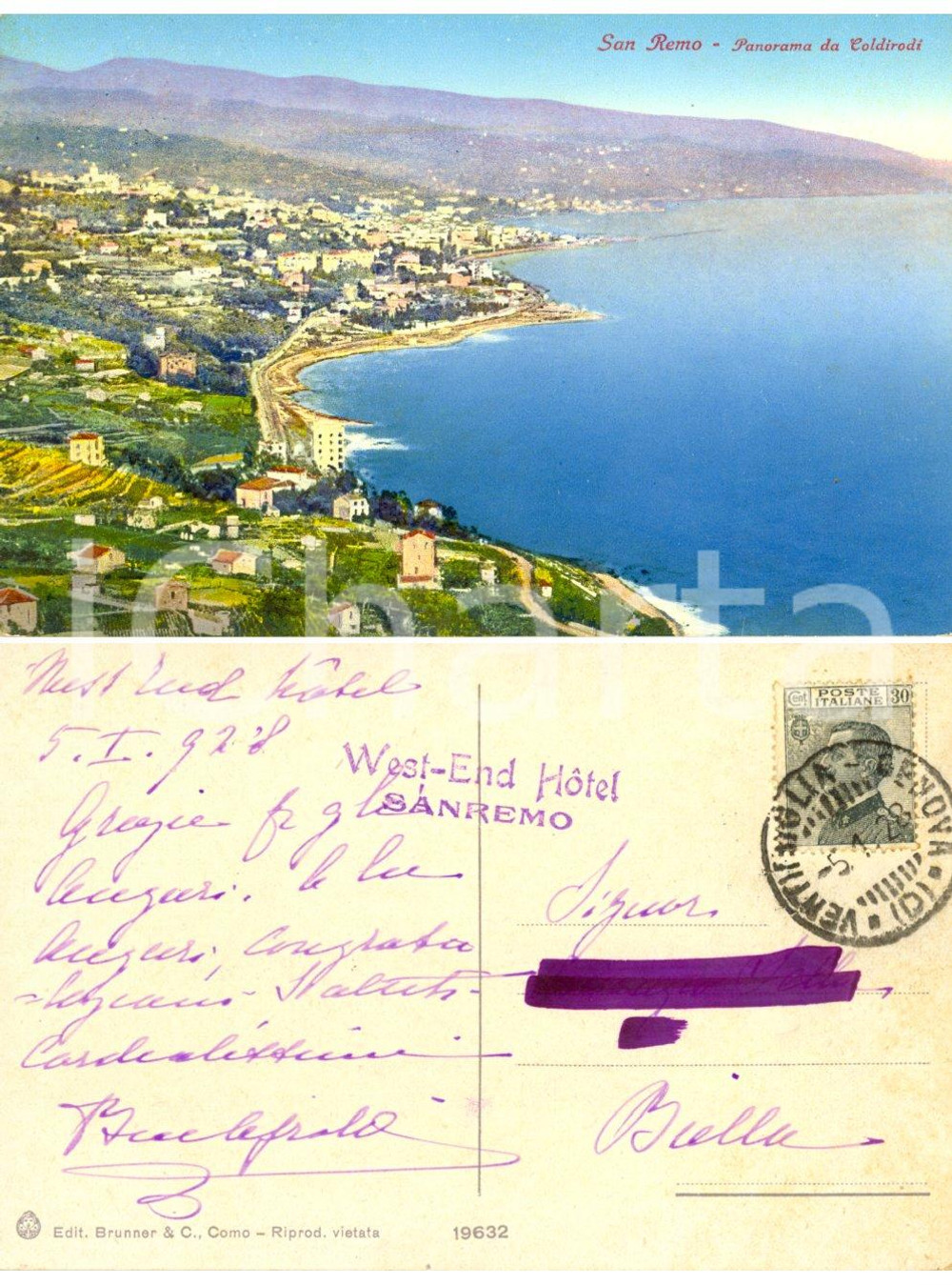 Autografo originale 1928 SANREMO (IM) Panorama da Coldirodi *Autografo Bice ARNABOLDI AIROLDI FP VG 1