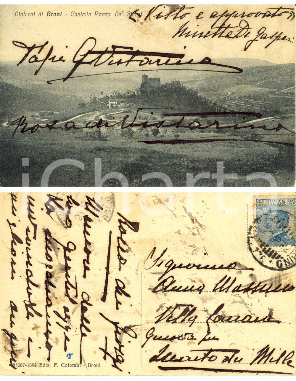 Autografo originale 1922 BRONI (PV) Rocca de' Giorgi *Cartolina Rosa GIORGI DI VISTARINO FP VG 1