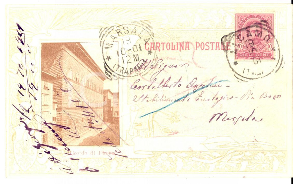 Cartolina originale da collezione 1901 ALCAMO Cartolina postale FIRENZE Ordine Paolo SIMELI a Carlalberto ANGELINI 1