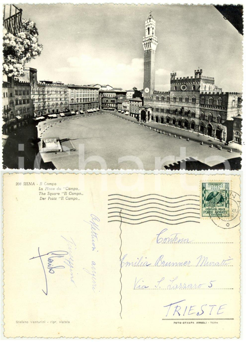 Autografo originale 1958 SIENA Piazza del Campo *Cartolina alla contessa Emilia BRUNNER MURATTI FG 1