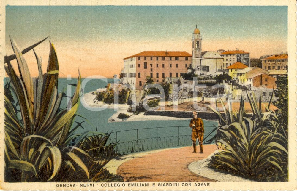 Cartolina originale da collezione 1934 GENOVA Collegio EMILIANI e giardini con agave a NERVI *Cartolina ANIMATA VG 1