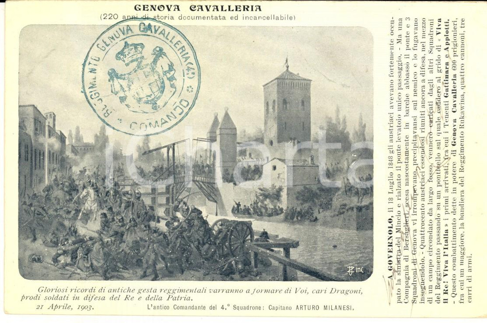 Cartolina originale da collezione 1905 ca Cartolina Reggimento GENOVA CAVALLERIA a Governolo Vittorio MANASSERO 1
