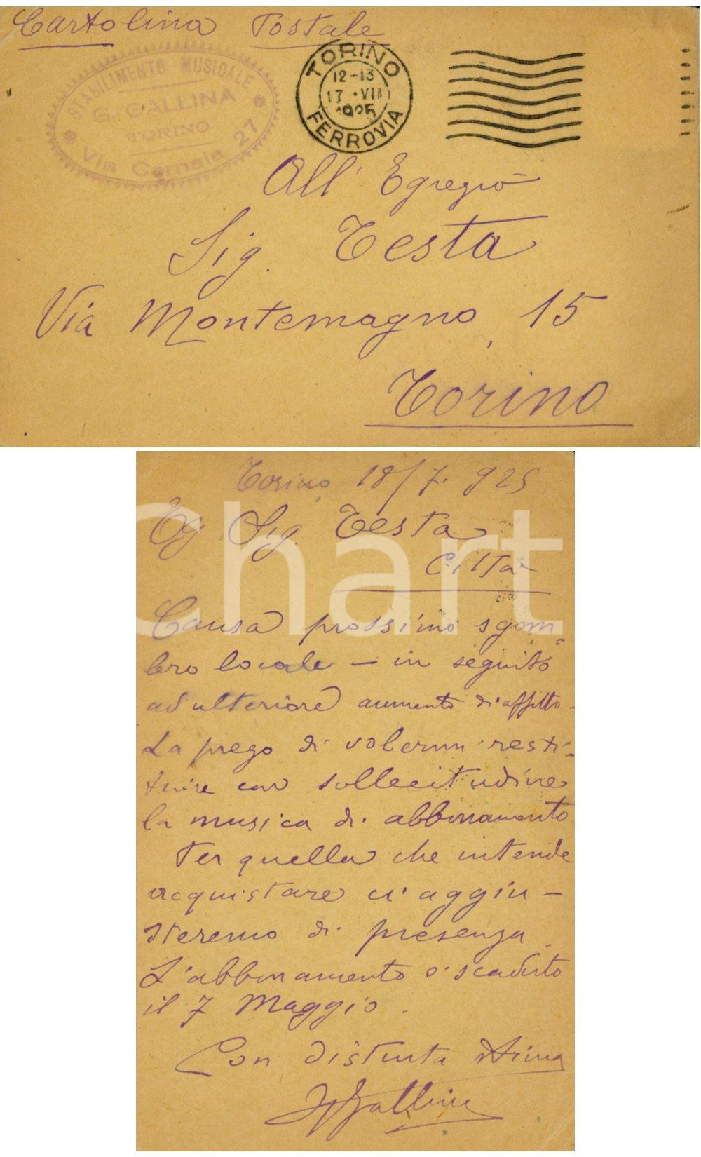 Autografo originale 1925 TORINO Stabilimento musicale GALLINA costretto allo sgombero *Cartolina 1