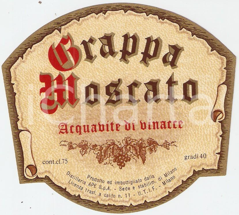Materiale pubblicitario d’epoca 1970 ca MILANO Distilleria APE Acquavite di vinacce GRAPPA MOSCATO Etichetta 1