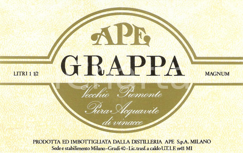 Materiale pubblicitario d’epoca 1970 ca MILANO Distilleria APE Grappa VECCHIO PIEMONTE Magnum *Etichetta 1