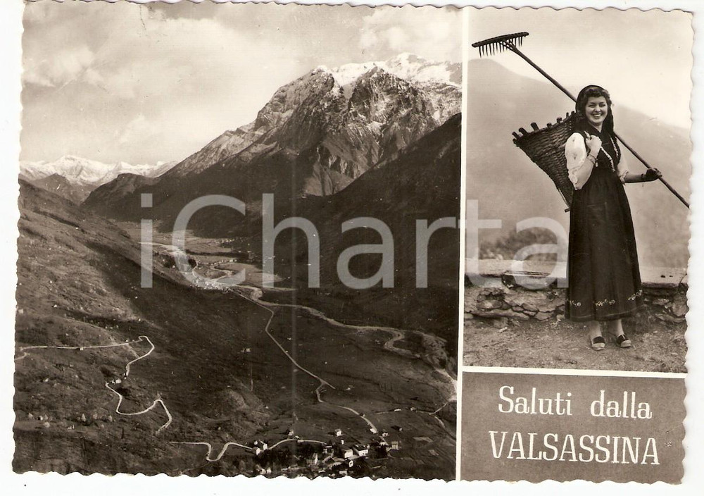 Cartolina originale da collezione 1958 VALSASSINA LC Panorama e Ragazza con gerla e rastrello in legno Cartolina 1