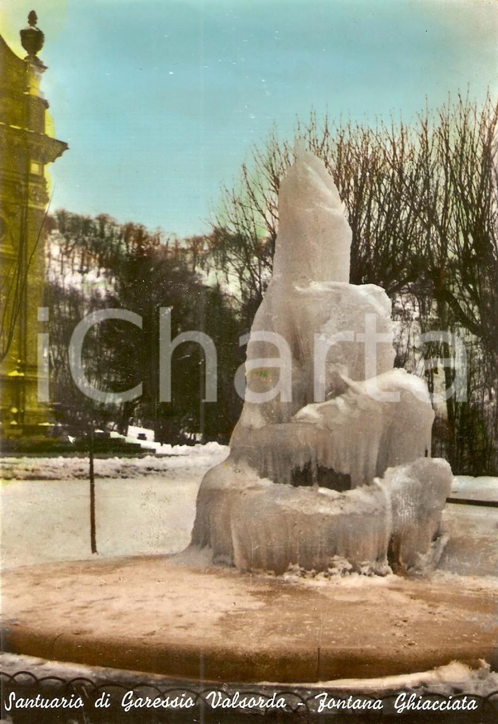 Cartolina originale da collezione 1950 GARESSIO Santuario Beata Vergine delle Grazie Fontana ghiacciata *Cartolina 1