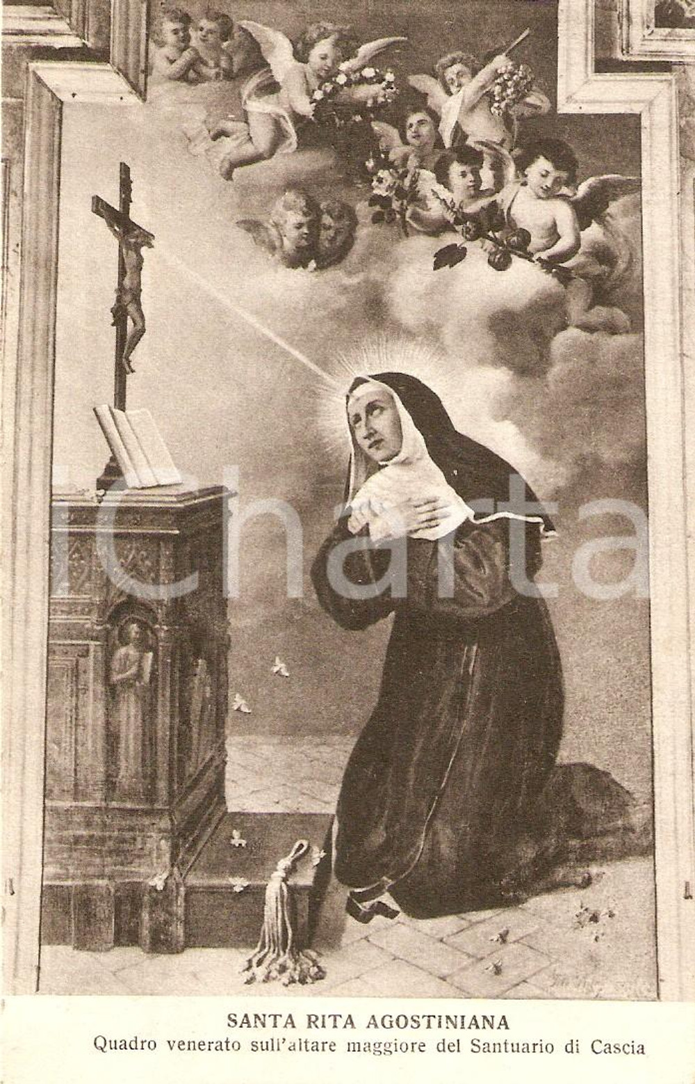 Cartolina originale da collezione 1935 CASCIA (PG) Quadro SANTA RITA AGOSTINIANA su altare Maggiore *Cartolina FG 1