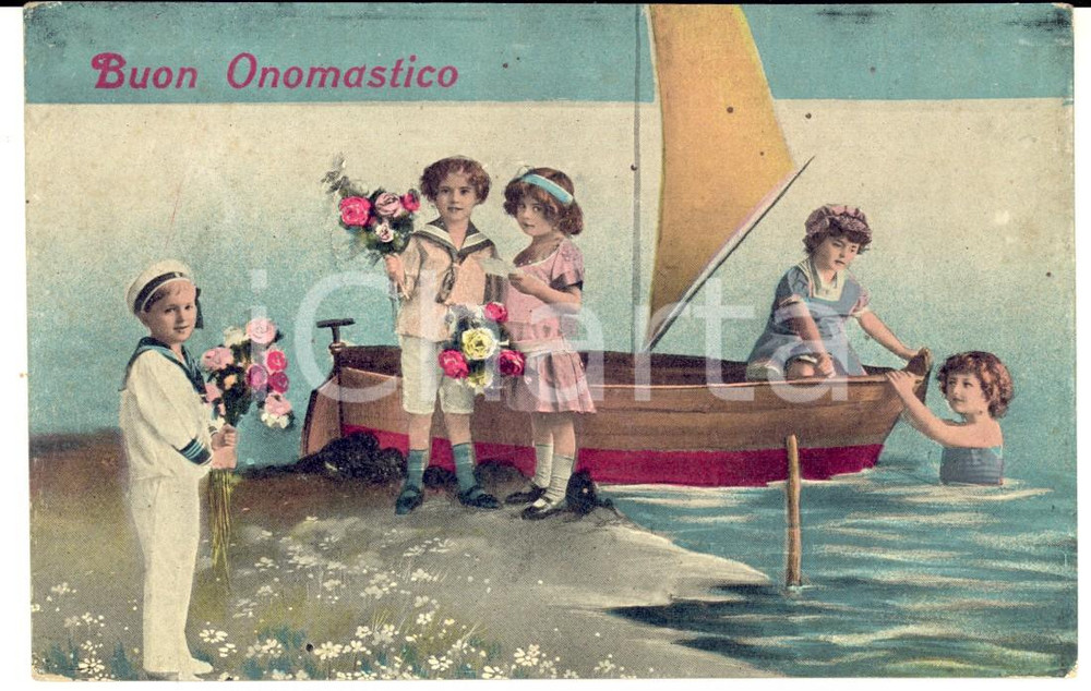 Cartolina originale da collezione 1910 ca BUON ONOMASTICO Cartolina con bambini augurale VINTAGE FP 1