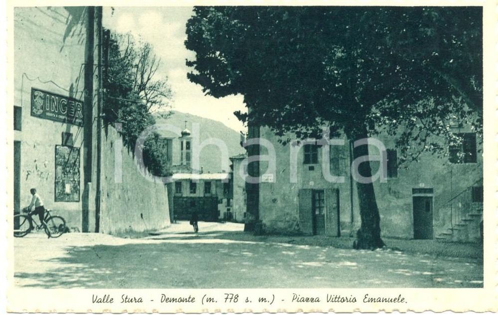 Cartolina originale da collezione 1936 DEMONTE (CN) Piazza VITTORIO EMANUELE PubblicitÃ  SINGER *Cartolina FP NV 1