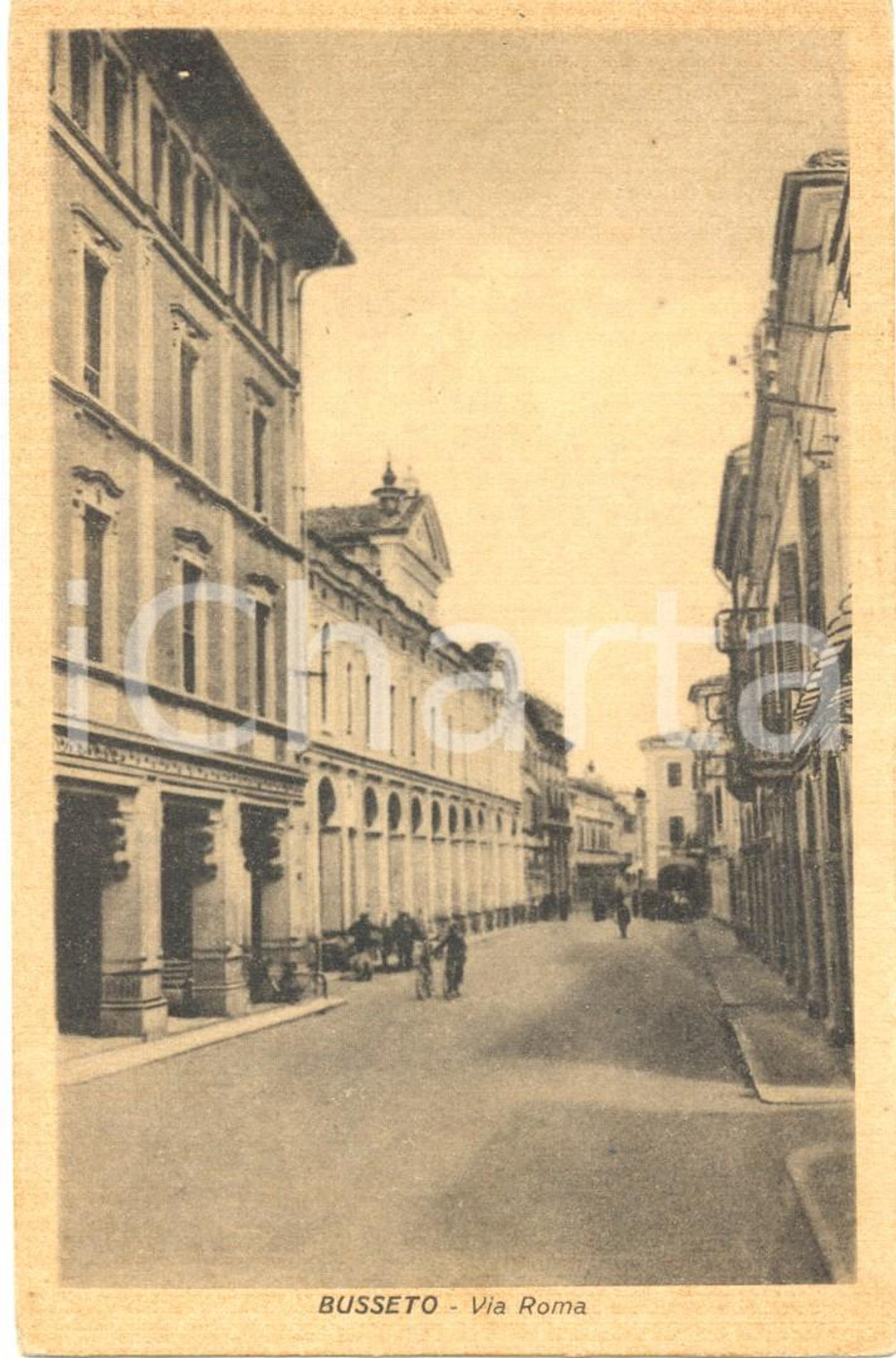 Cartolina originale da collezione 1940 ca BUSSETO (PR) In bicicletta in Via ROMA *Cartolina ANIMATA FP NV 1