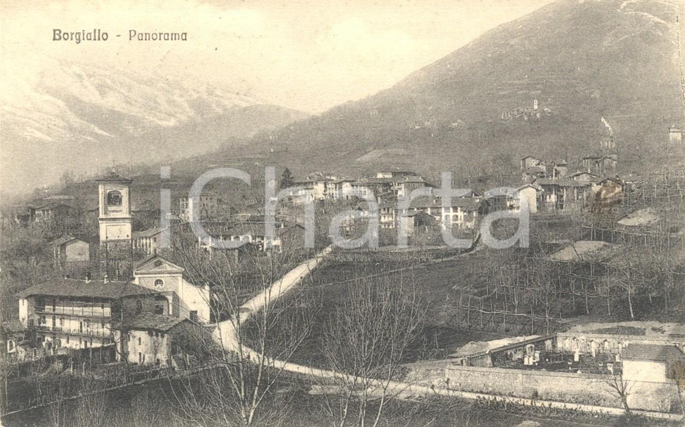 Cartolina originale da collezione 1915 BORGIALLO (TO) Panorama del paese e VALLE SACRA *Cartolina FP VG 1
