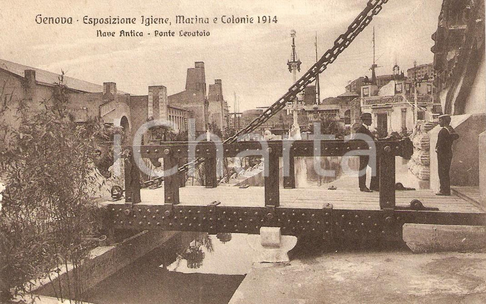 Cartolina originale da collezione 1914 GENOVA Esposizione Igiene Marina Colonie - Ponte levatoio *Cartolina FP NV 1