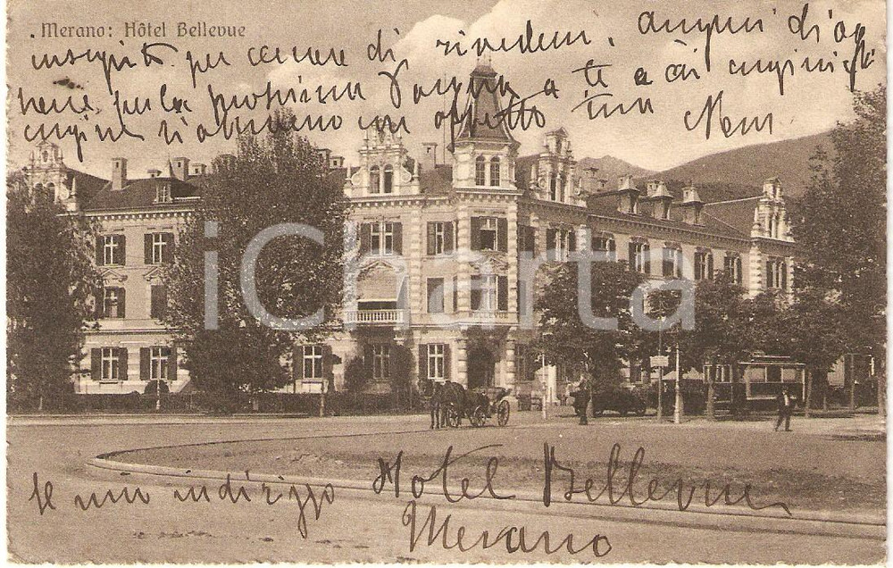 Cartolina originale da collezione 1927 MERANO (BZ) Hotel BELLEVUE Carrozza all'ingresso *Cartolina FP VG 1