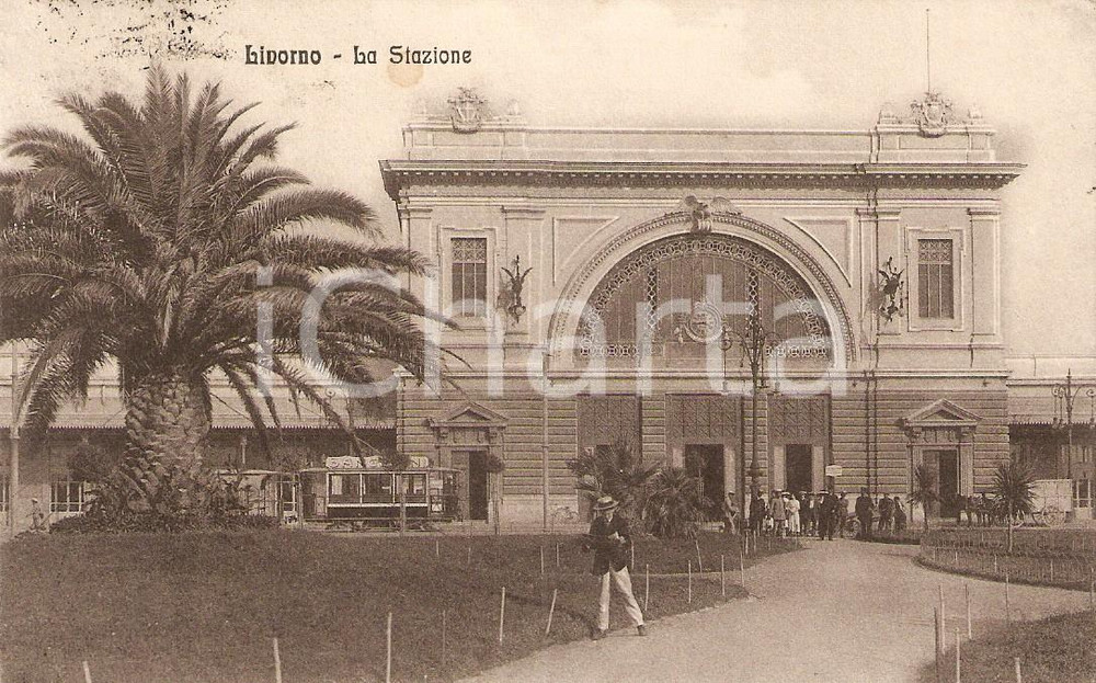Cartolina originale da collezione 1914 LIVORNO La Stazione Centrale Tram SANGEMINI Cartolina ANIMATA FP VG 1