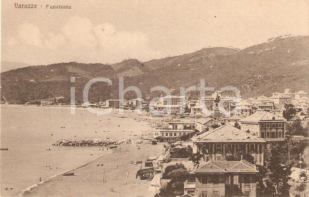 Cartolina originale da collezione 1920 ca VARAZZE SV Panorama del paese e della spiaggia Cartolina ANIMATA FP VG 1