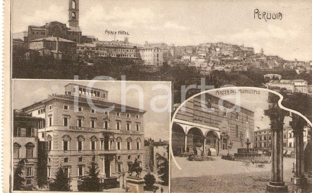 Cartolina originale da collezione 1920 PERUGIA Hotel PALACE e Piazza del Municipio - Vedutine *Cartolina FP VG 1