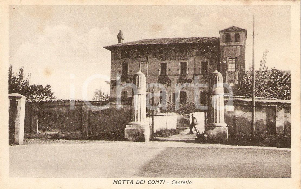 Cartolina originale da collezione 1930 ca MOTTA DEI CONTI VC Entrata e facciata del Castello Cartolina ANIMATA 1