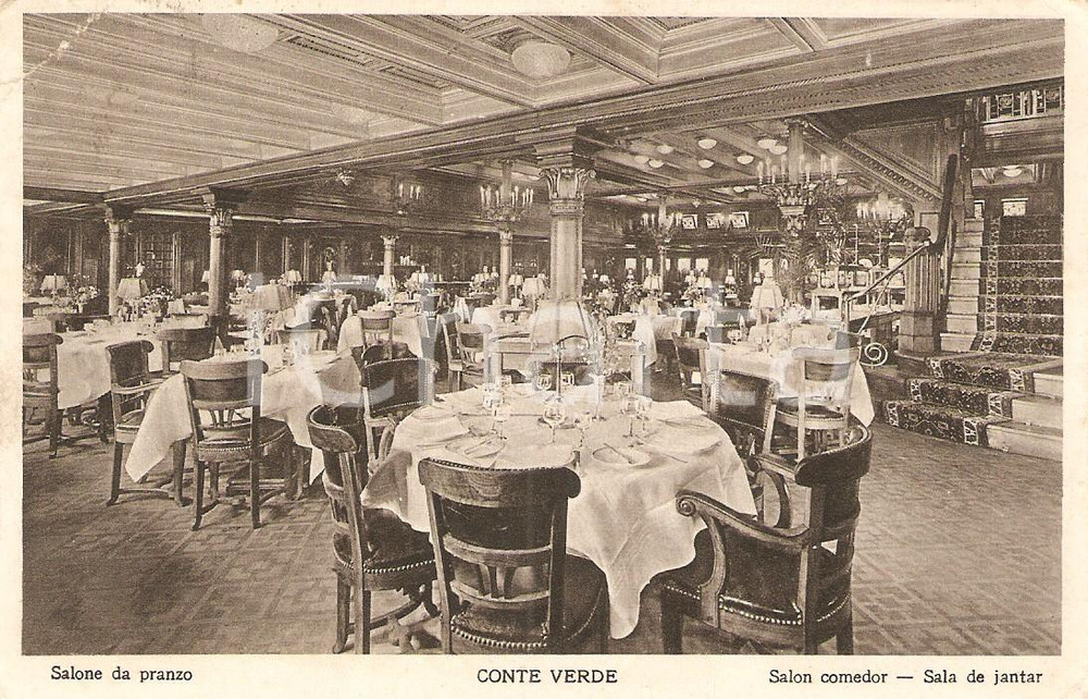 Cartolina originale da collezione 1932 LLOYD SABAUDO Transatlantico CONTE VERDE Salone da pranzo Cartolina FP VG 1