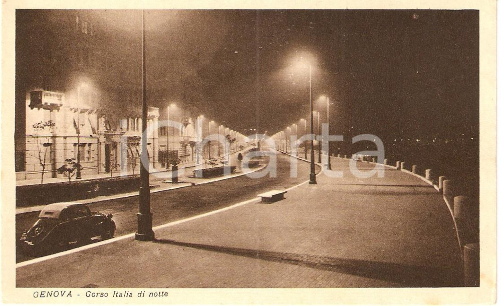 Cartolina originale da collezione 1945 GENOVA Corso ITALIA di notte Maglieria CANEPA *Cartolina ANIMATA FP NV 1