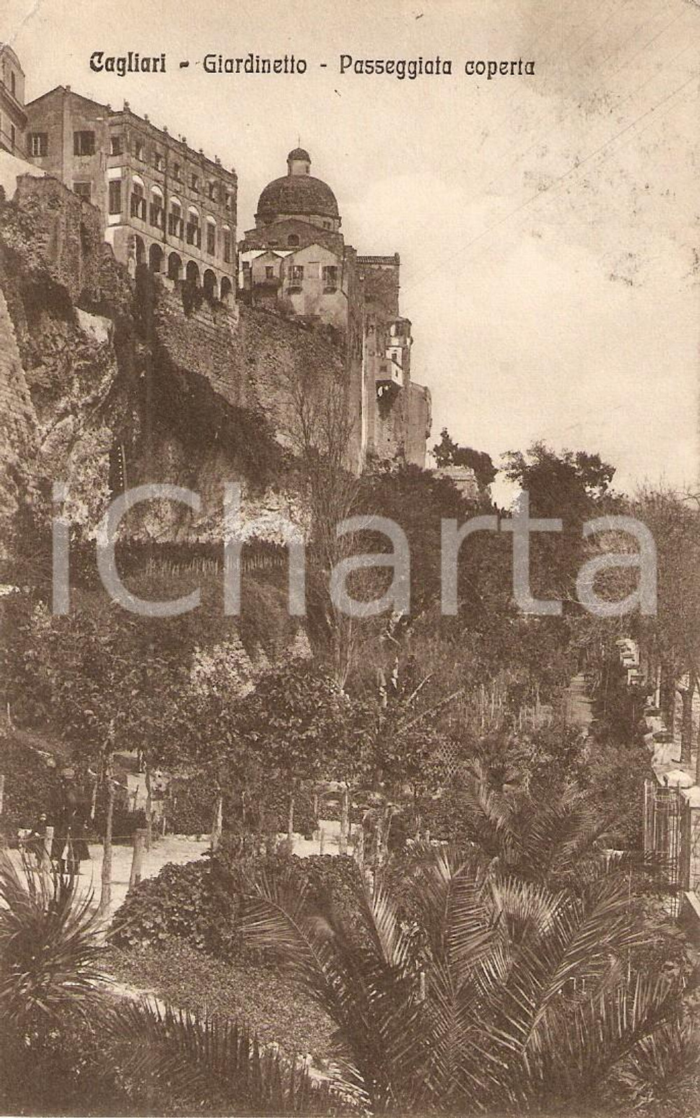Cartolina originale da collezione 1911 CAGLIARI Scorcio dai giardini Passeggiata Coperta *Cartolina ANIMATA FP VG 1