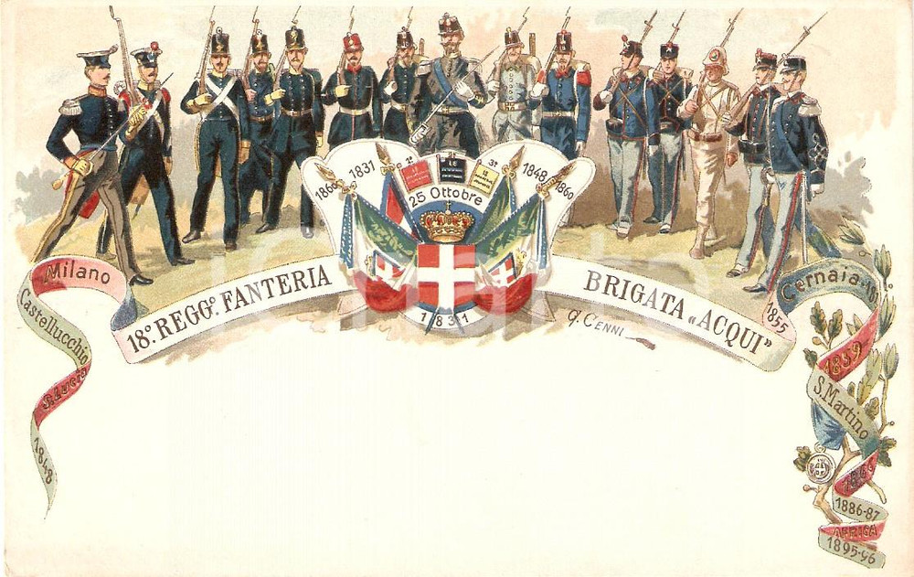 Cartolina originale da collezione 1900 ca BRIGATA ACQUI 18Â° Reggimento Fanteria *Cartolina ILLUSTRATA 1