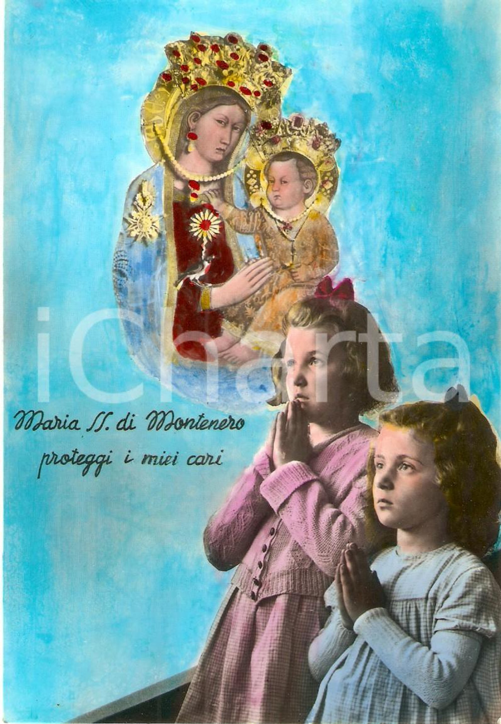 Cartolina originale da collezione 1950 ca LIVORNO Preghiera a Maria Santissima di MONTENERO *Cartolina ANIMATA 1