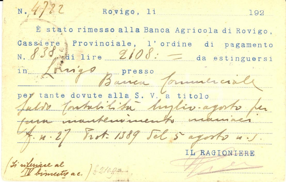1925 ROVIGO Amministrazione provinciale a Congregazione Carità *INTESTATA FP VG 