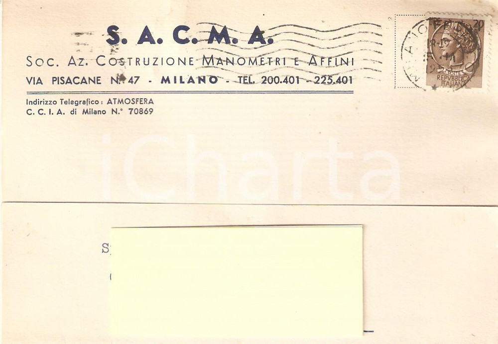 Cartolina originale da collezione 1955 MILANO Costruzione Manometri e Affini SACMA Cartolina Commerciale 1