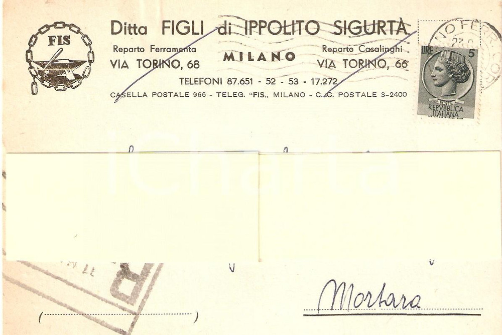 1955 MILANO Ditta Figli di Ippolito Sigurtà FIS Ferramenta Cartolina Commerciale