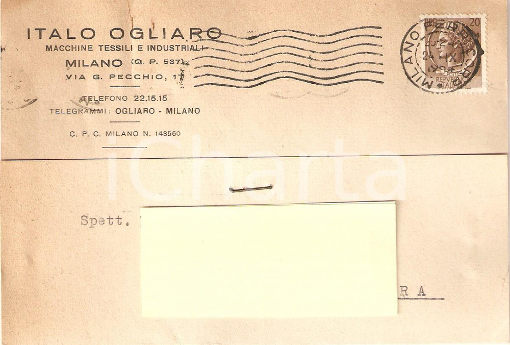 Cartolina originale da collezione 1954 MILANO Italo OGLIARO Macchine tessili e industriali Cartolina Commerciale 1