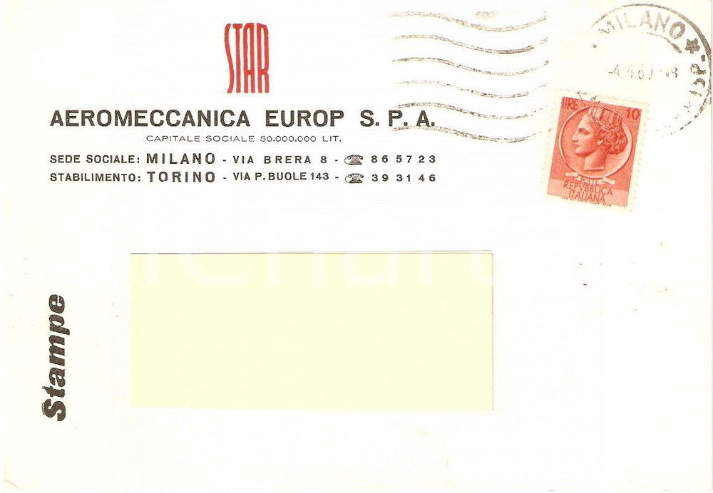 Cartolina originale da collezione 1960 TORINO Aeromeccanica Europ STAR Cartolina Commerciale 1