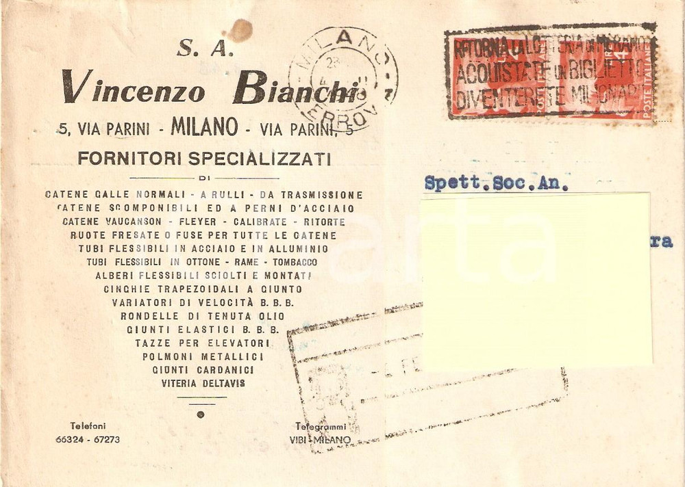 Cartolina originale da collezione 1948 MILANO SocietÃ  Vincenzo BIANCHI Catena a rulli Cartolina Commerciale 1