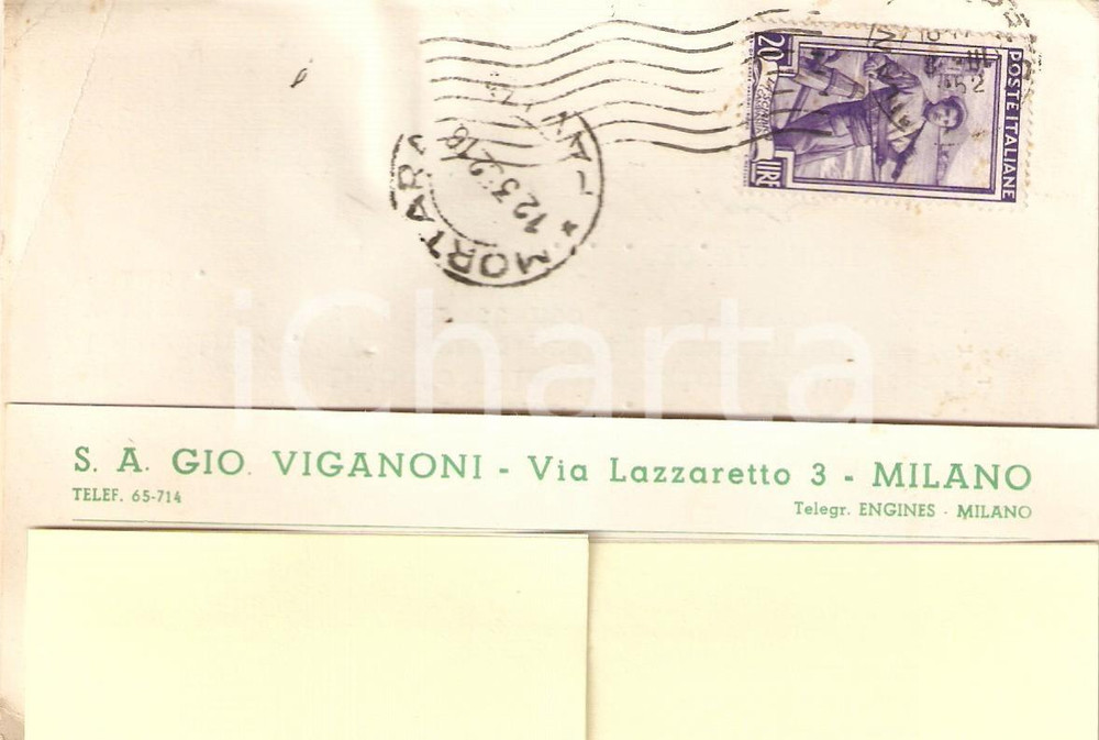 Cartolina originale da collezione 1952 MILANO SocietÃ  Giovanni VIGANONI Cartolina Commerciale 1