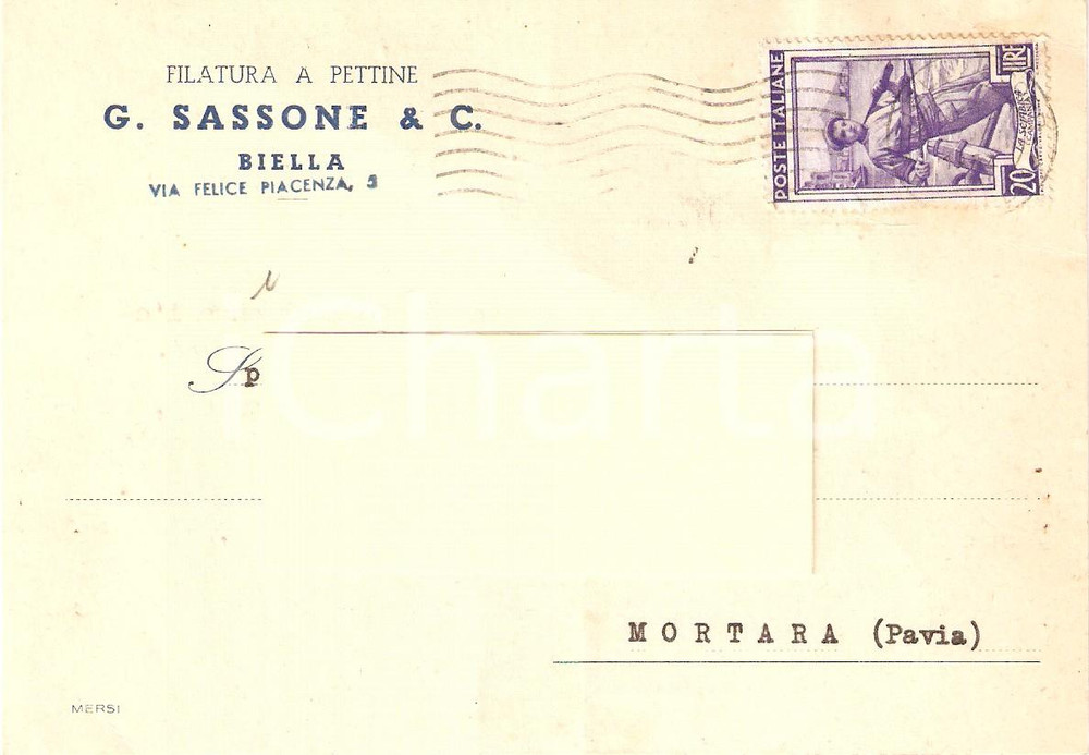 Cartolina originale da collezione 1954 BIELLA Filatura a pettine G. SASSONE & C. Cartolina Commerciale 1