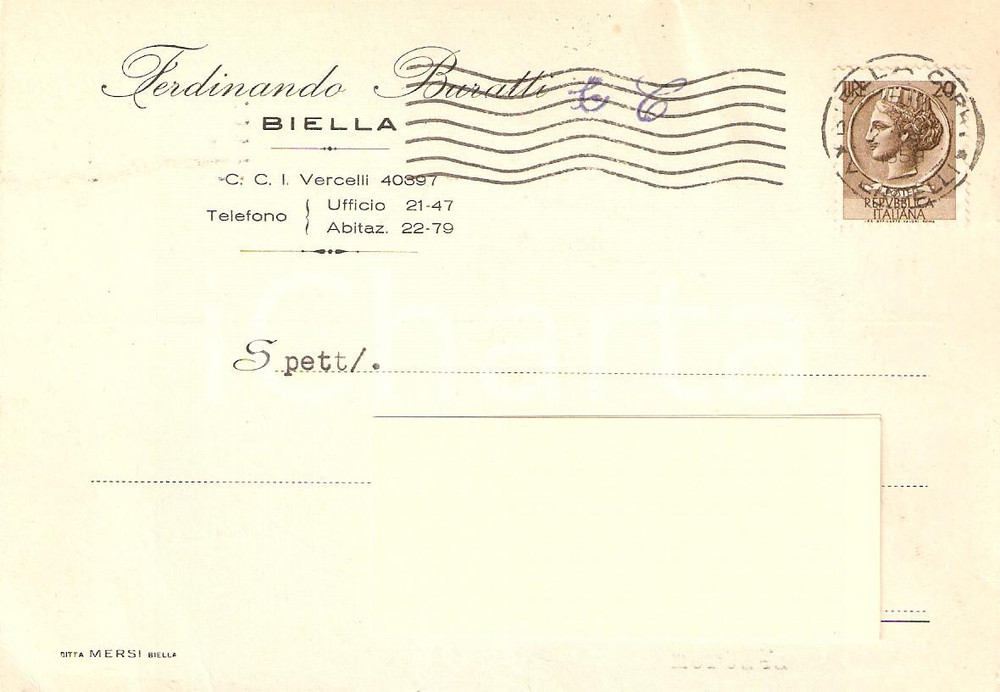 Cartolina originale da collezione 1959 BIELLA Ditta Ferdinando BURATTI & C.Cartolina Commerciale 1