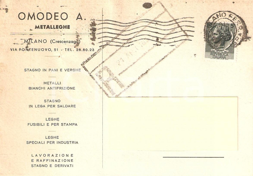 Cartolina originale da collezione 1955 MILANO CRESCENZAGO Metalleghe OMODEO Stagno in pani *Cartolina Commerciale 1