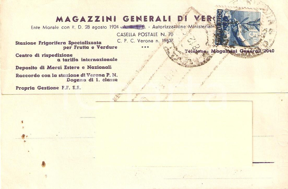 Cartolina originale da collezione 1948 VERONA Magazzini generali Stazione frigorifera Cartolina Commerciale 1