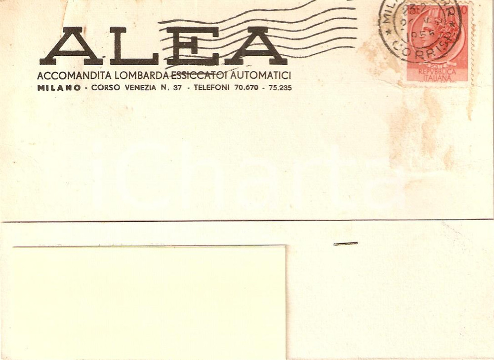 Cartolina originale da collezione 1955 MILANO Accomandita Lombarda Essiccatoi Automatici ALEA Cartolina FG VG 1