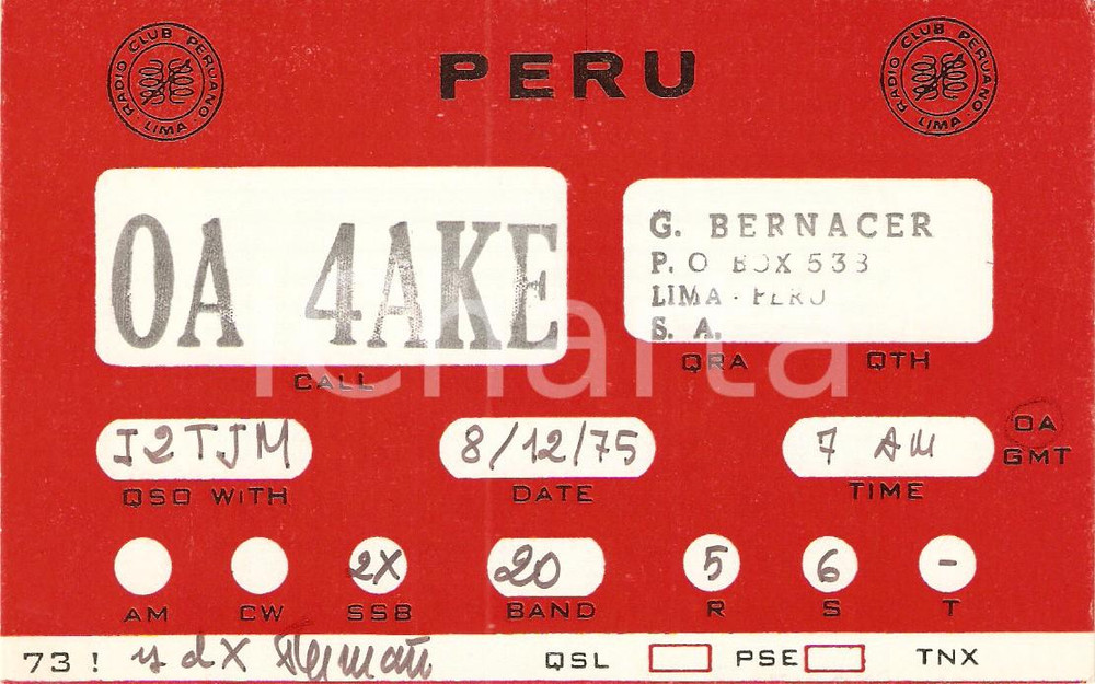 Cartolina originale da collezione 1975 LIMA (PERU') Radio Club Peruano *Cartolina QSL 1