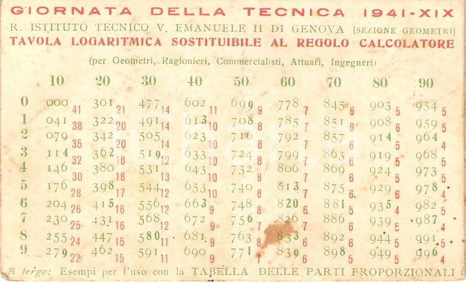 Oggetto da collezione cartaceo 1941 GENOVA Regio Ist. Vittorio Emanuele II GIORNATA TECNICA Tavola logaritmica 1