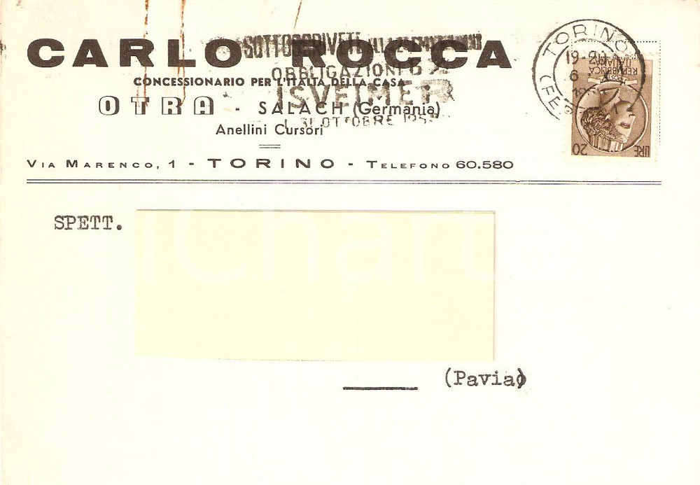Cartolina originale da collezione 1958 TORINO Carlo ROCCA concessionario Azienda OTRA *Cartolina Commerciale 1 1
