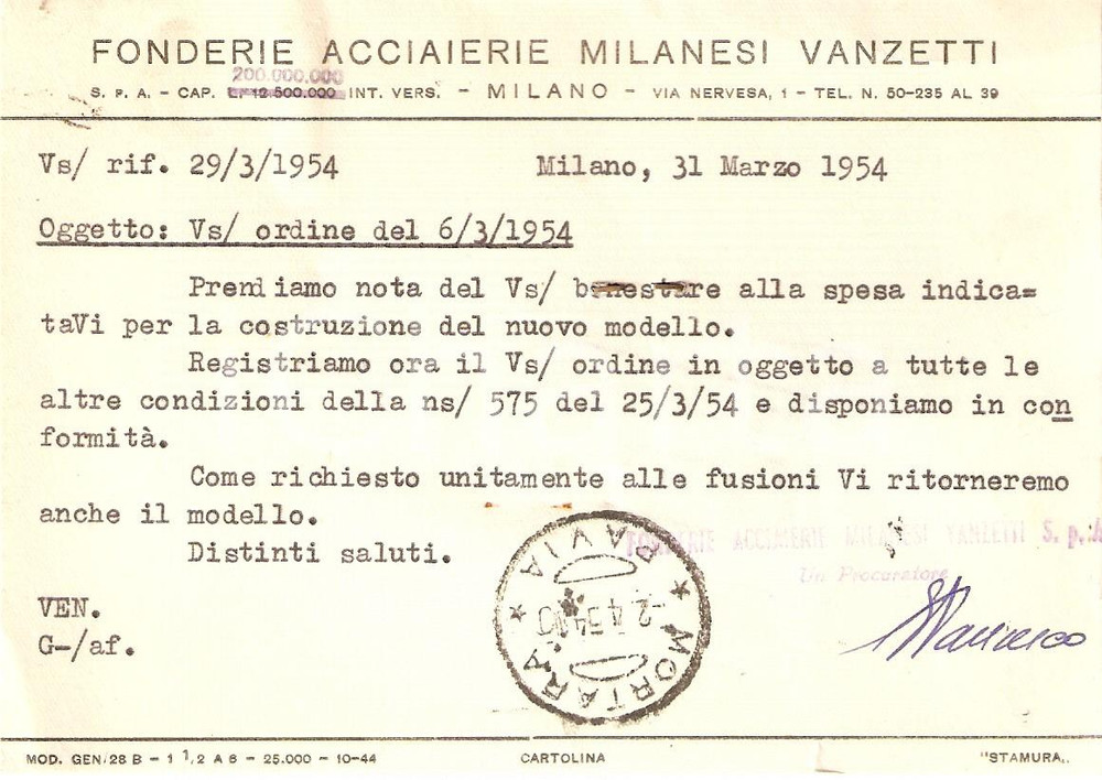 Cartolina originale da collezione 1954 MILANO Fonderie Acciaierie Milanesi VANZETTI *Cartolina Commerciale 1